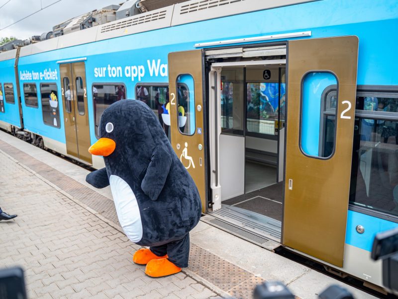 Le TER de Dakar habillé aux couleurs de Wave, avec une mascotte sur le quai